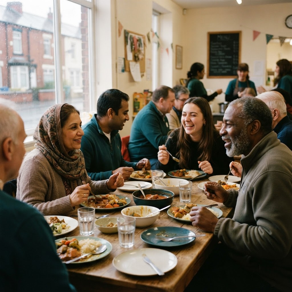 Community members sharing a meal together